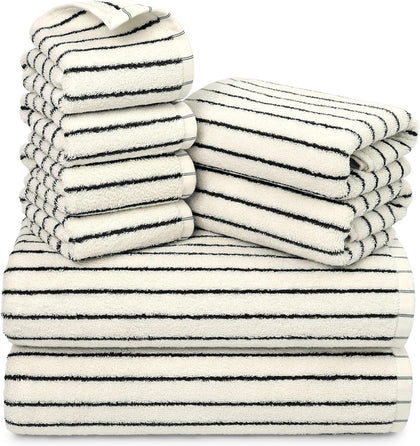 8 Piece Black and Ivory Towel Set, Super Soft & Absorbent Cotton Striped | Towels for Bathroom Decor, 2 Bath, 2 Hand