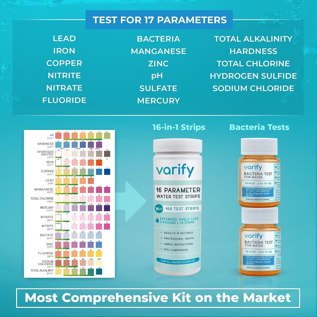17in1 Complete Drinking Water Test Kit - 100 Strips + 2 Bacteria Tester Kits - Well, Tap, Home, City Water Testing