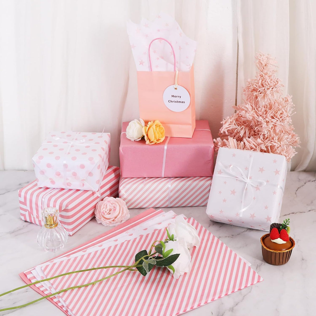 100 Sheets Pink White Tissue Paper Bulk for Gift Wrapping Gift Bag