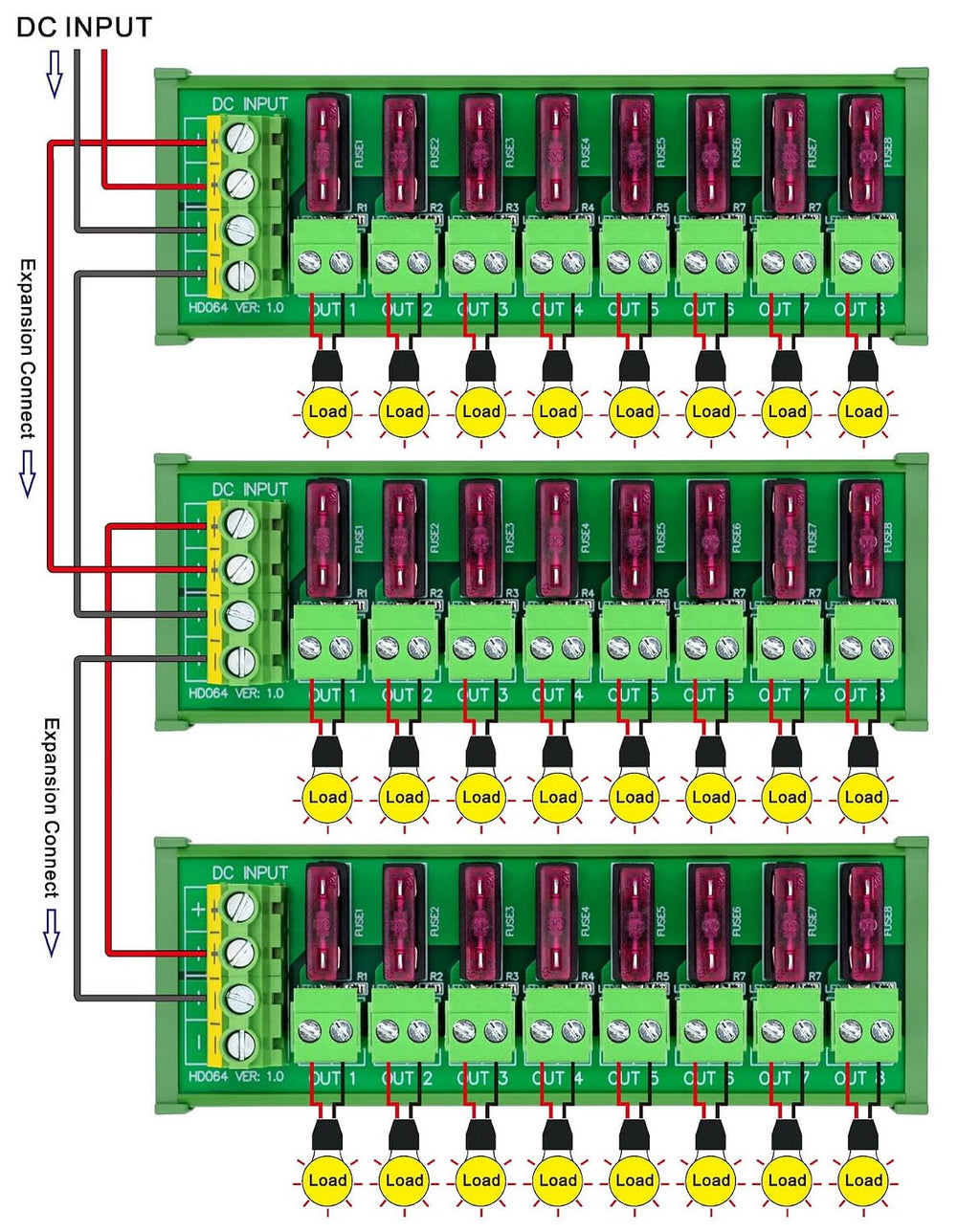 DIN Rail Mount DC 5-32V 8 Channel Pluggable Side Wiring Terminal Block Power Distribution Fuse Module, HCDC HD064RT
