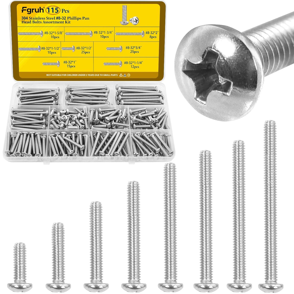 115PCS #8-32 Phillips Pan Head Machine Screws Bolts Assortment Kit
