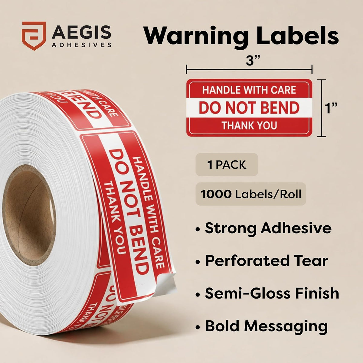 1" X 3" Do Not Bend Stickers (1000 Labels, 1 Roll) - Handle with Care