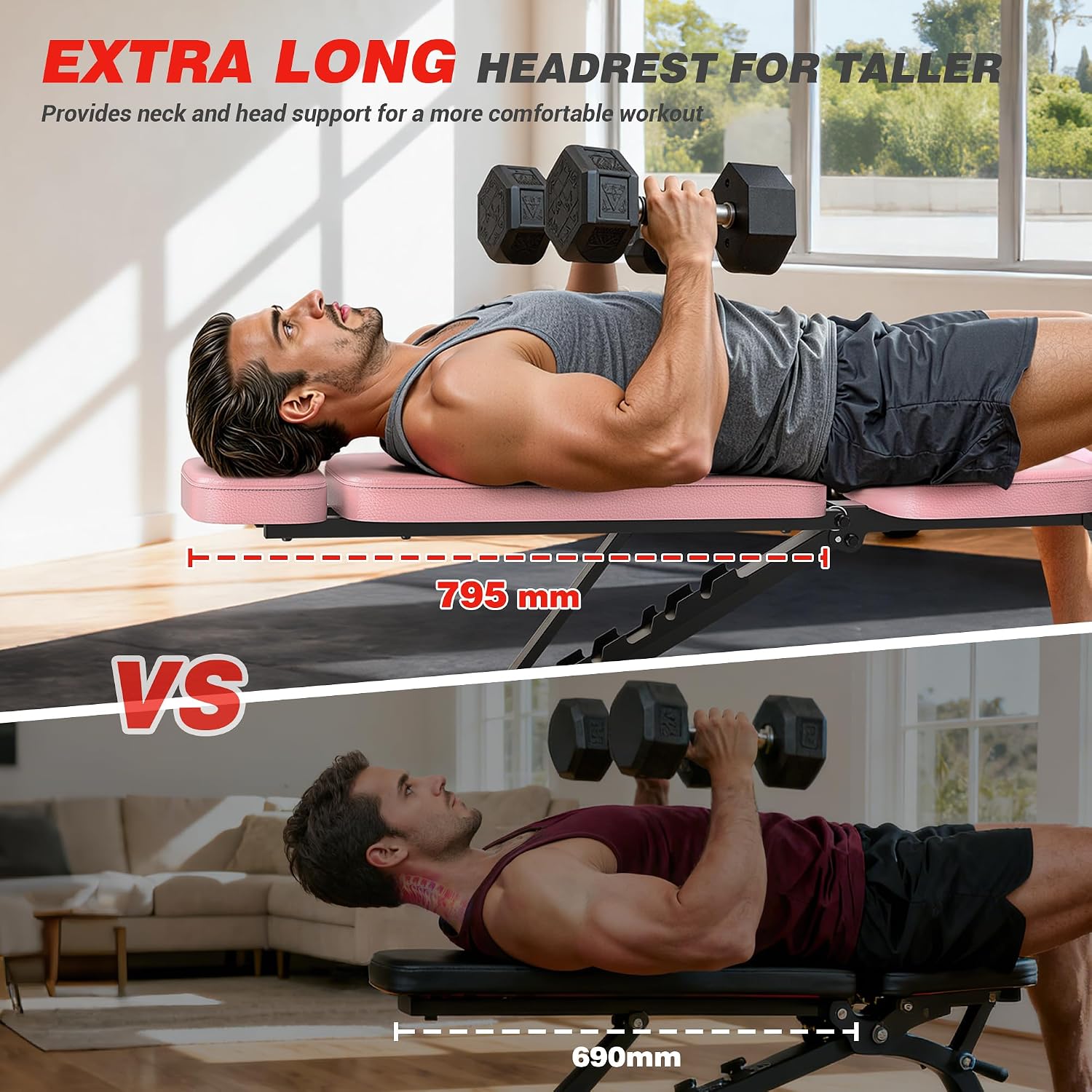 Workout Bench, 10 Backrests Adjustable Weight Bench with Extended Headrest, 800LBS Foldable Weight Bench for Home