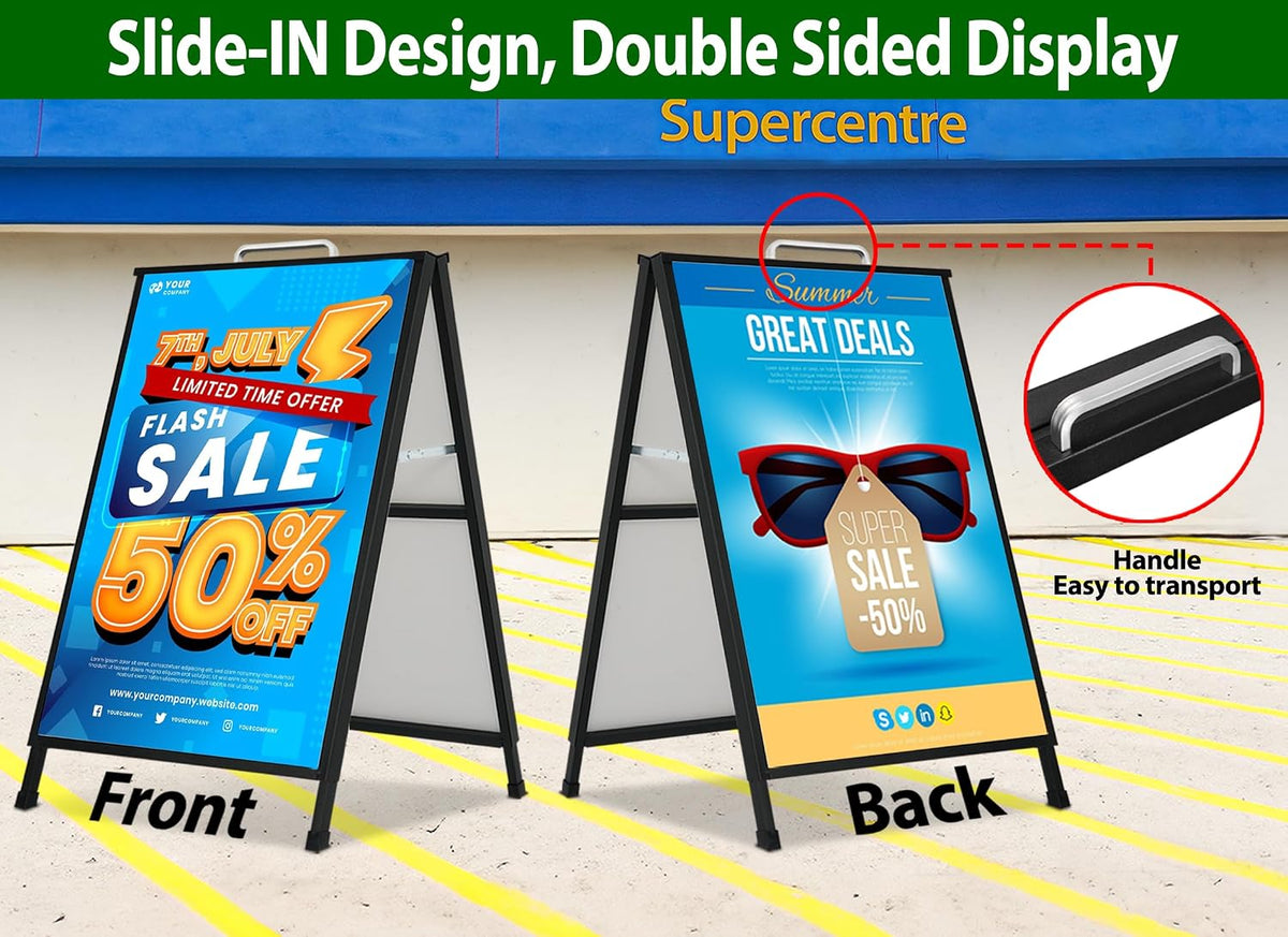 A Frame Sidewalk Sign 24 x 36 Inch Outdoor, Double-Sided Folding Sandwich Board with Handle, Heavy Duty Metal