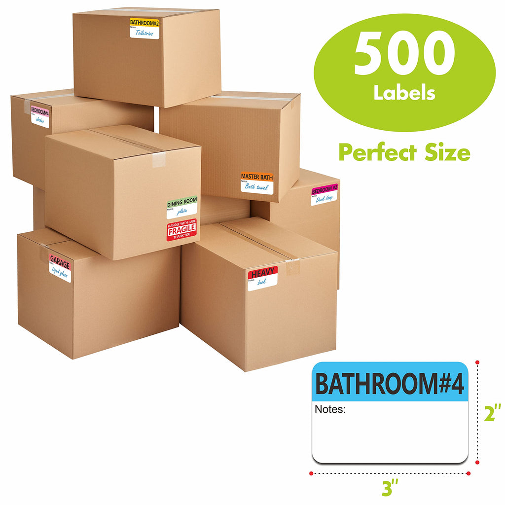 500 pcs 20 Designs Pre-Printed Color-Coded Home Moving Packing Box Labels with Writable Notes Areas, Each Measures 2”