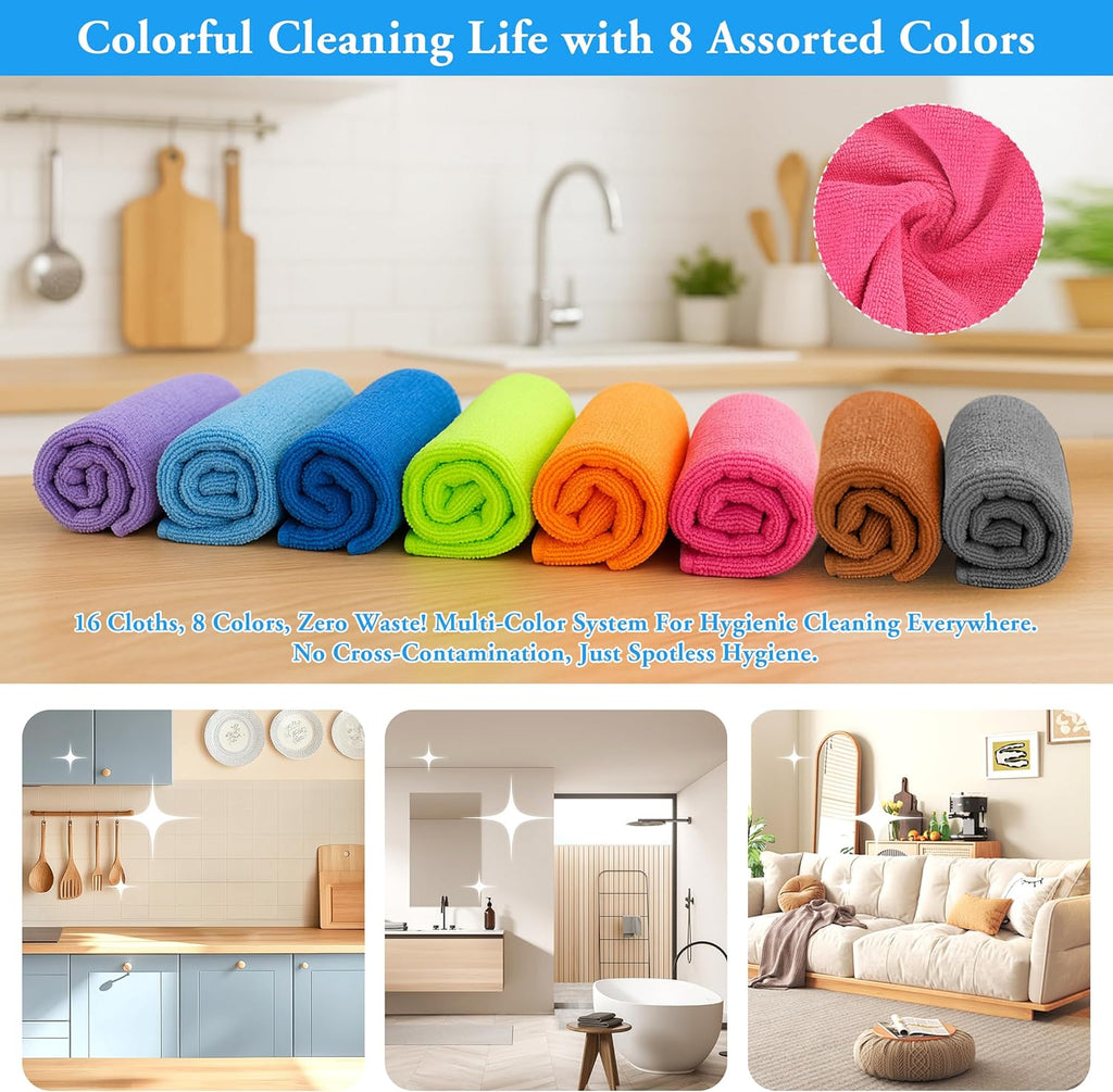 Microfiber Cleaning Cloths 16 Pack 8 Color Cleaning Rags for Housekeeping Home Kitchen Bathroom Car,11.5"X11.5" Soft
