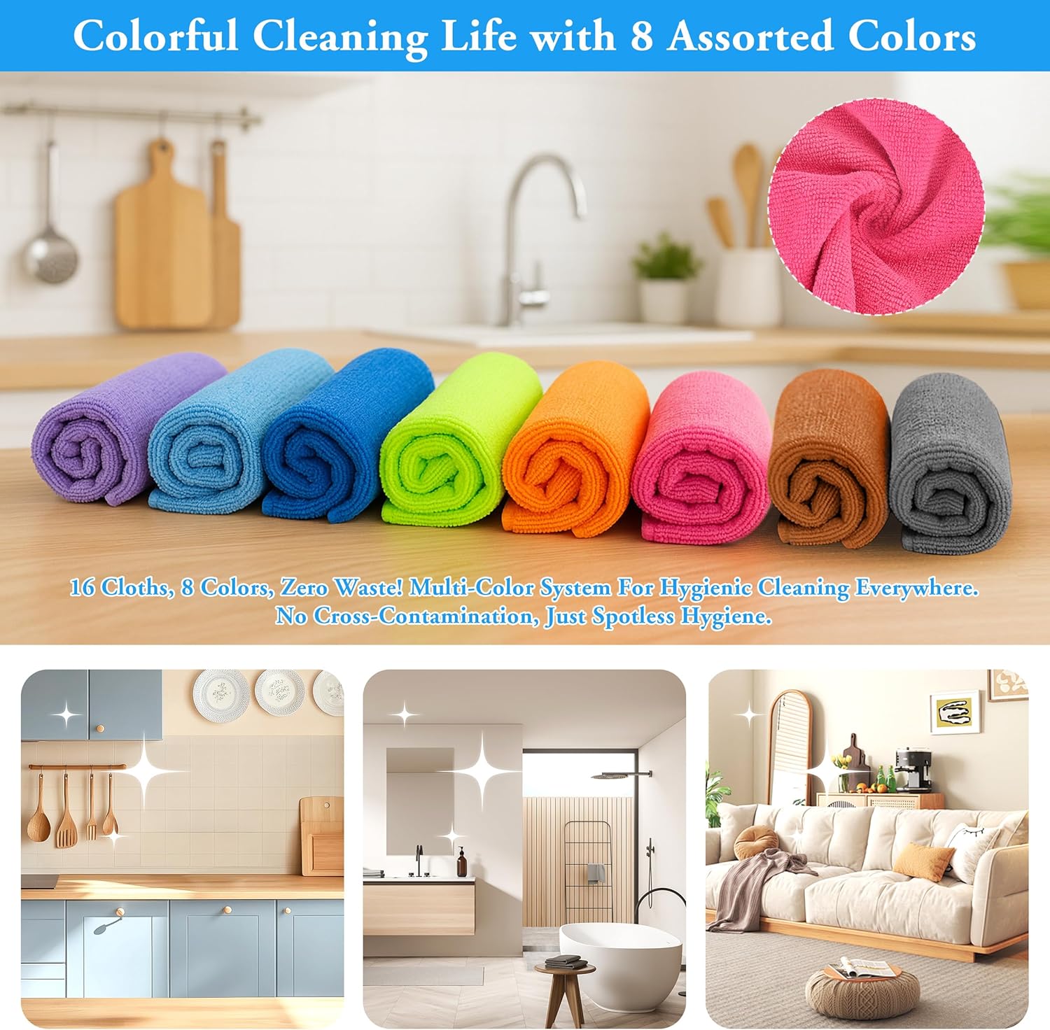 Microfiber Cleaning Cloths 16 Pack 8 Color Cleaning Rags for Housekeeping Home Kitchen Bathroom Car,11.5"X11.5" Soft