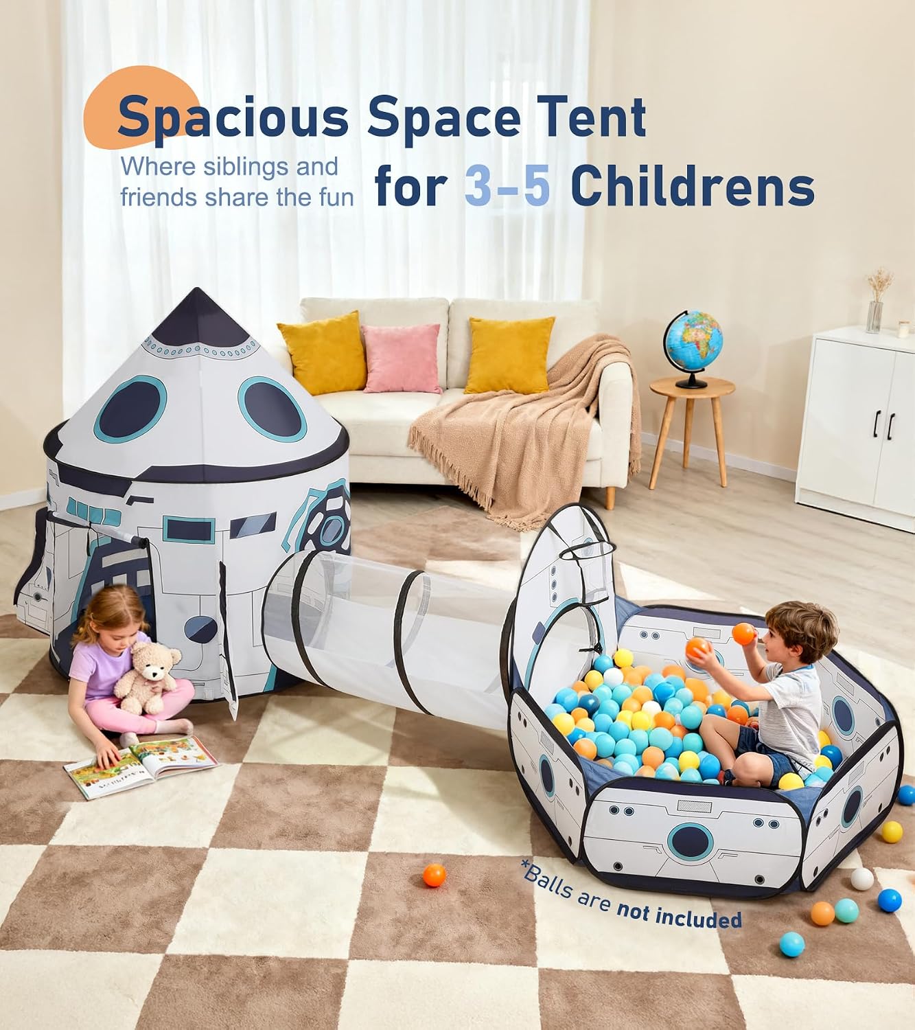 Kids Play Tent with Tunnel & Ball Pit, 3-Piece Pop Up Rocket Ship Tent Set, Indoor Outdoor Playhouse for Boys &
