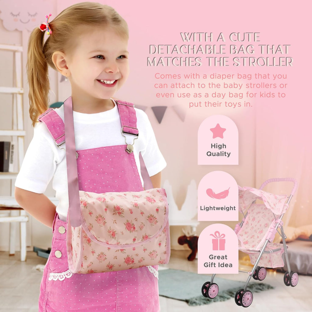 Baby Doll Stroller Bed and Seat Nursery Playset, Baby Doll Accessories Set High Chair Diaper Bag Role Play Deluxe