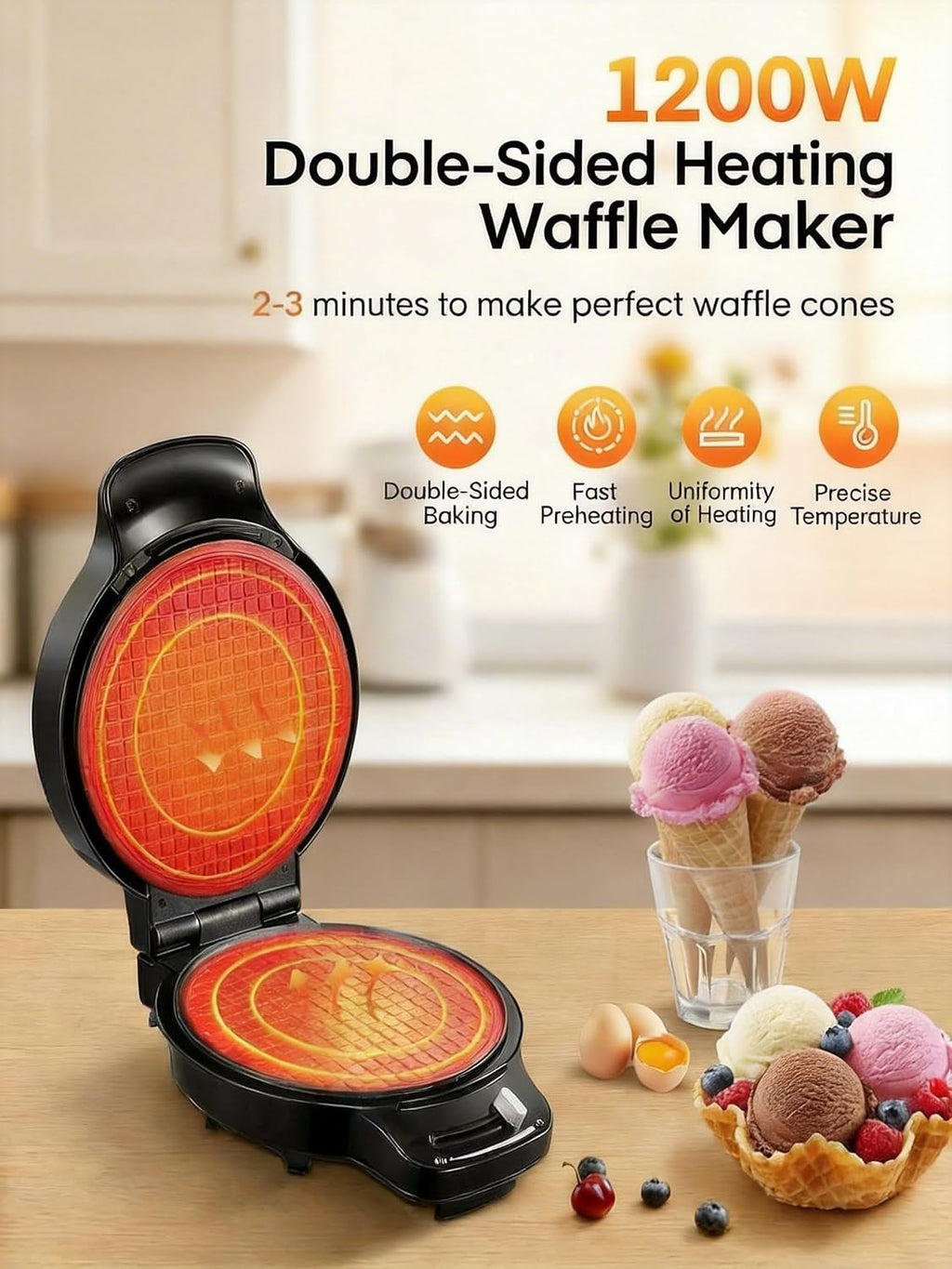 Waffle Cone Maker Machine and Ice Cream Bowl Maker with Temperature Control, Double Side Nonstick Waffle Bowl Maker