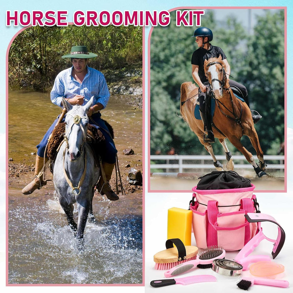 9 Pcs Horse Grooming Kit Tack Room Supplies, Classic, Pink