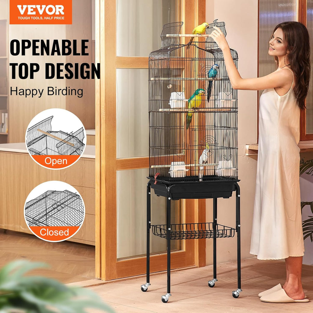 64-inch Open Top Large Parrot Bird Cage with Detachable Rolling Stand for Parakeets Finches Canaries Lovebirds