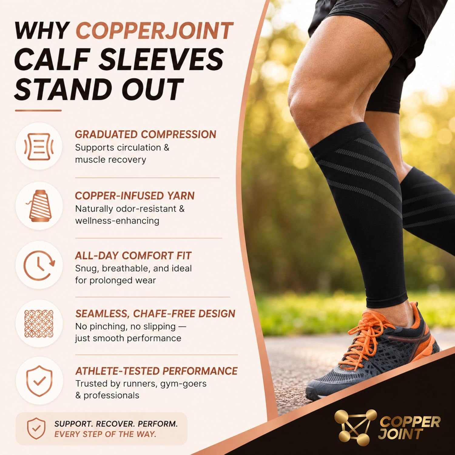 Calf Compression Sleeve for Men & Women Medium Copper Stripe-Firm Snug Fit Support for Shin Splints, Cramps, Varicose