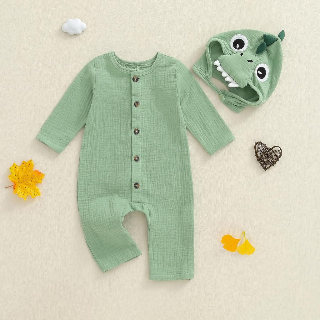 Baby Boy Linen Cotton Bodysuit Sleeveless Button Down Basic Romper Shirt Dinosaur Animal Hat 2Pcs Newborn Layette Set