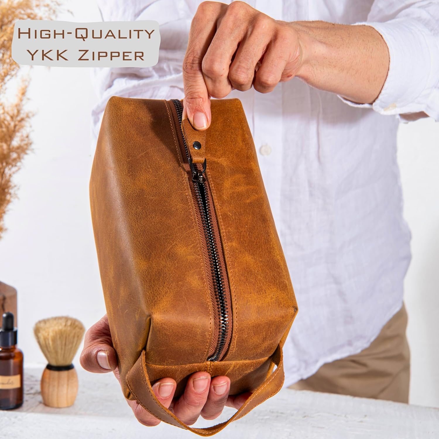 Personalized Leather Toiletry Bag for Men – Custom Shaving Dopp Kit with Name or Initial, Travel Gift for Groomsmen