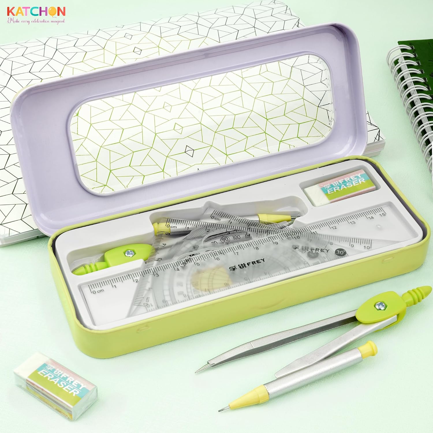 Geometry Set for Students - 8 Pieces, Back to School Supplies | Metal Compass, Protractor, Eraser, Triangle Ruler
