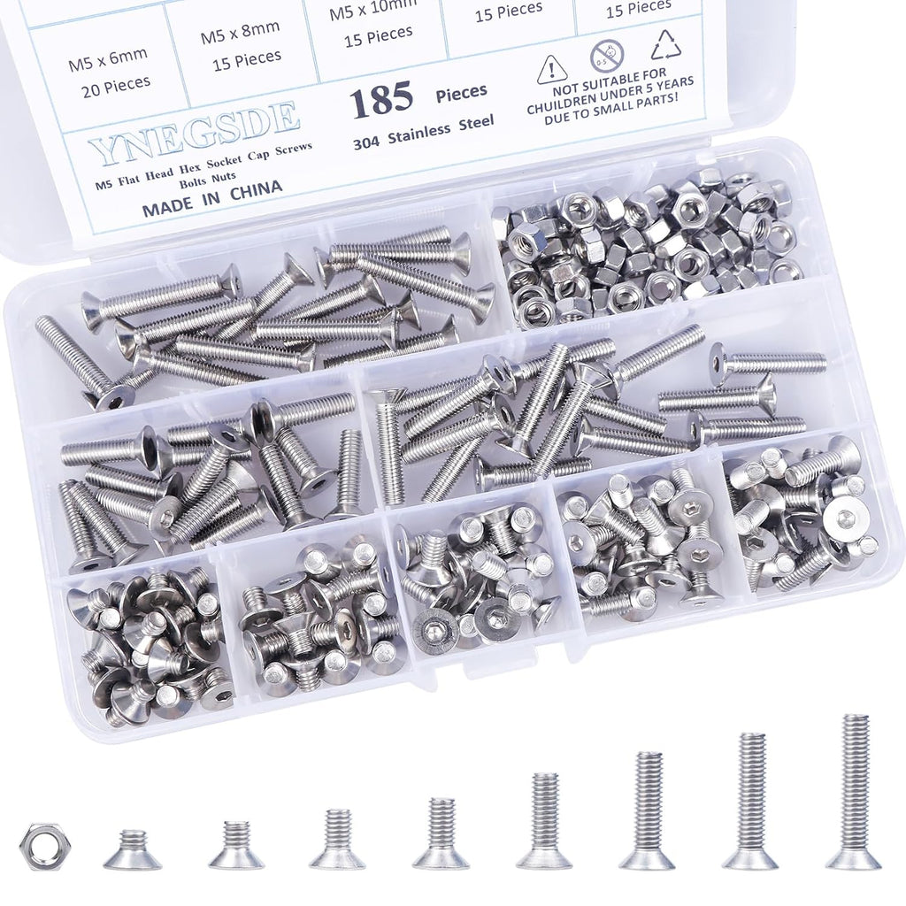 M5 Flat Head Socket Cap Screw Kit, Countersunk Allen Bolts and Hex Nuts