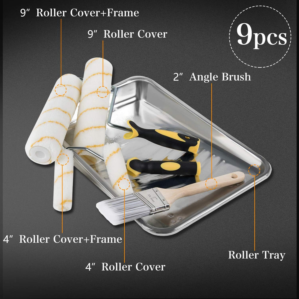 Paint Roller Kit, 9 Pieces Paint Supplies for House Painting, with Metal Paint Tray&9 inch+4 inch Paint