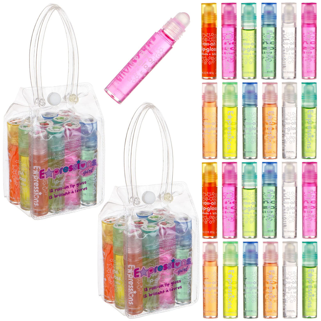 24pc Roll On Lip Gloss Set with Carrying Case, Glossy Lip- Fun