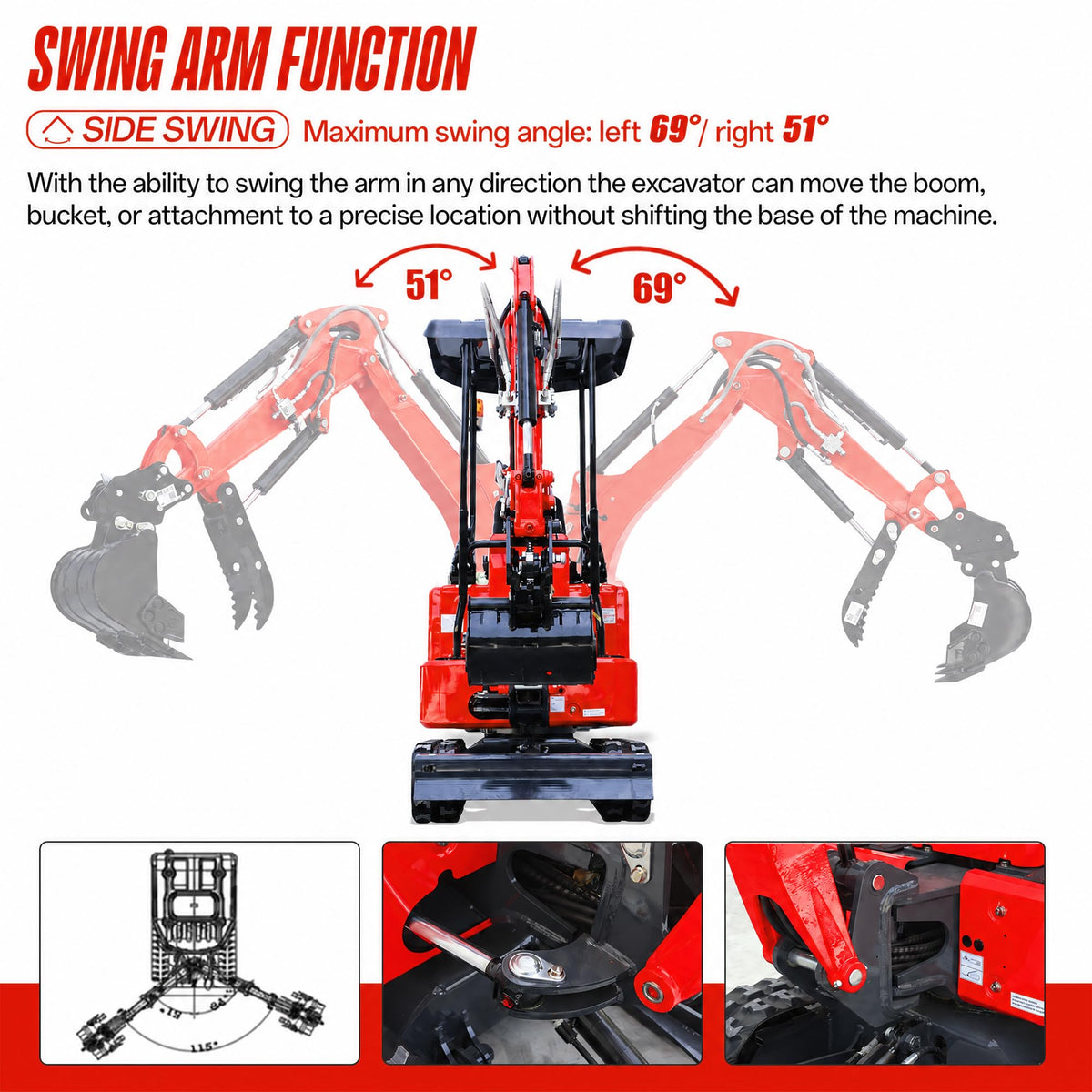 3,100 lbs Mini Excavator with Kubota-Engine & Side Swing Boom