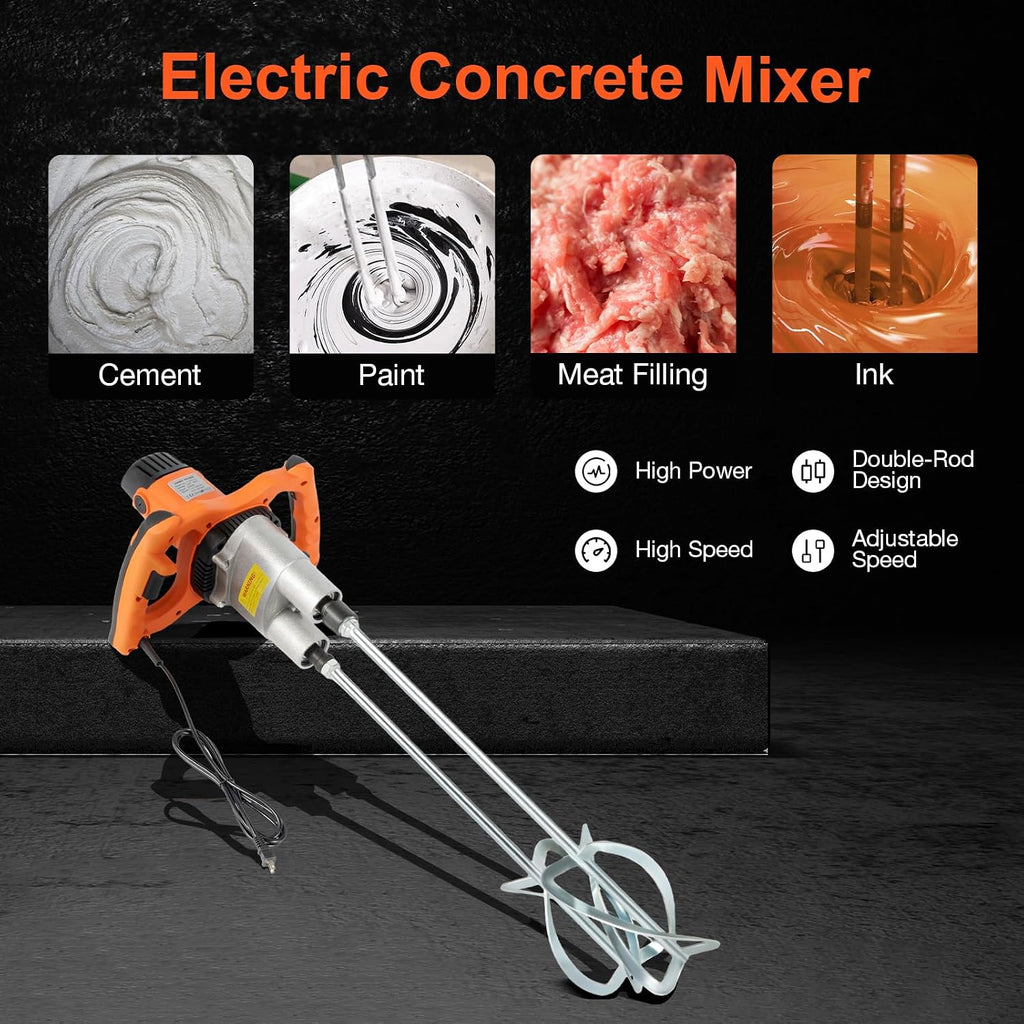 Cement Mixer, Electric Concrete Mixer with Two Rods, 1800W Electric Mortar Mixer, 110V Portable Cement Mortar Mixer