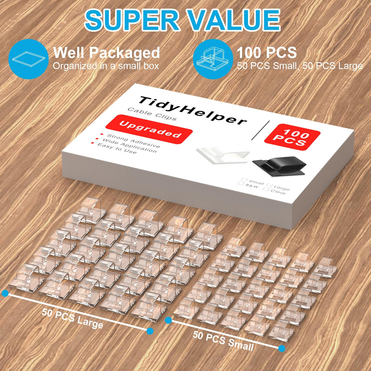 TidyHelper 100 PCS Outdoor Light Clips Clear, Small & Large Cable Clips
