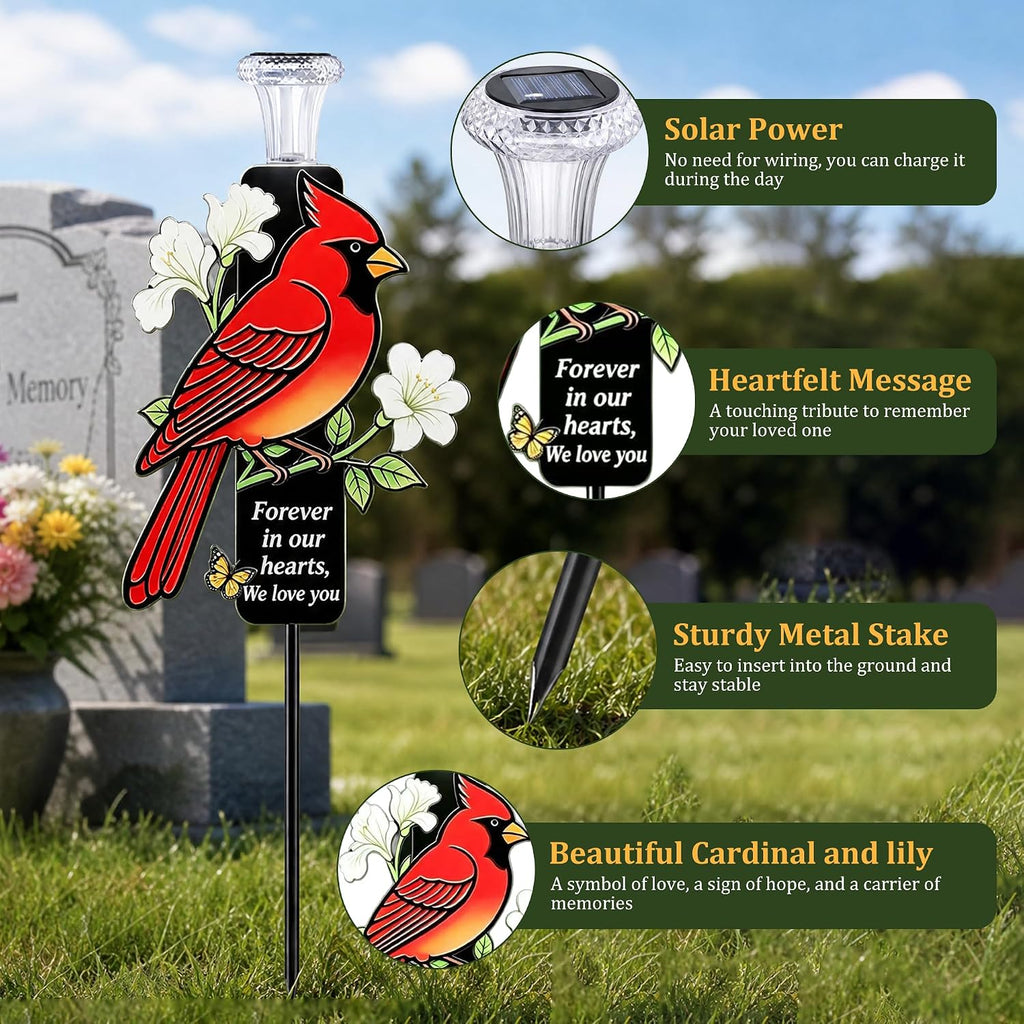Solar Cardinal Memorial Garden Stake Light, Waterproof Red Bird Cemetery Grave Marker with LED Solar Lamp, Forever in