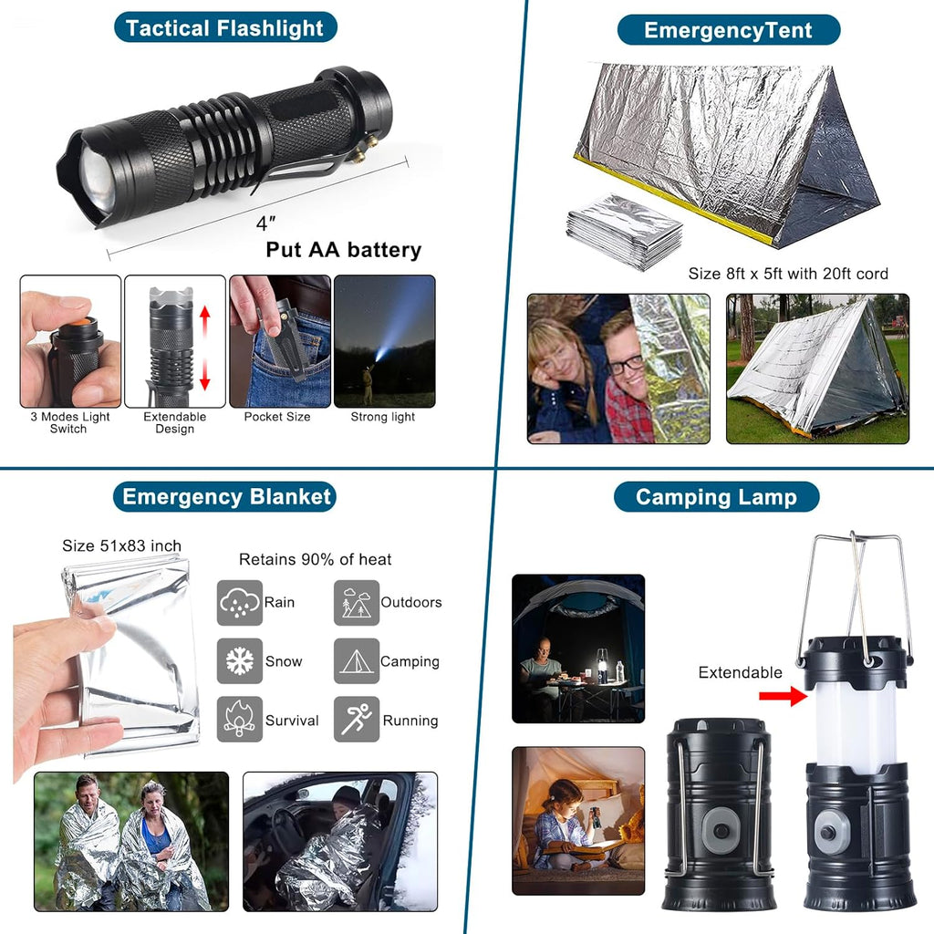 254 in 1 Survival Kit, First Aid Kit for Men | Outdoor Emergencies, Includes Hatchet, Shovel, Flashlight, Tools