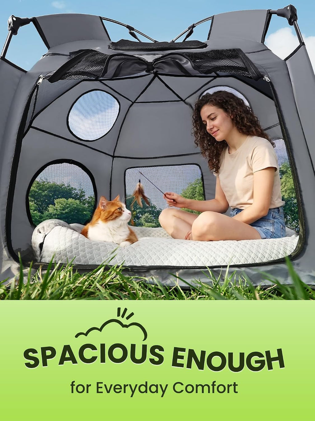 Catio Outdoor Cat Enclosure, Rywell 55” Extra Large Catio Pop Up Indoor Outdoor, Portable Cat Playpen Weatherproof