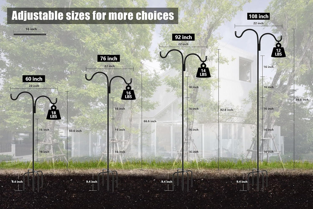 Double Shepherds Hook for Outdoor, 108 Inch Bird Feeder Pole with 5 Prongs Base, 5/8 Inch Thick Heavy Duty Adjustable