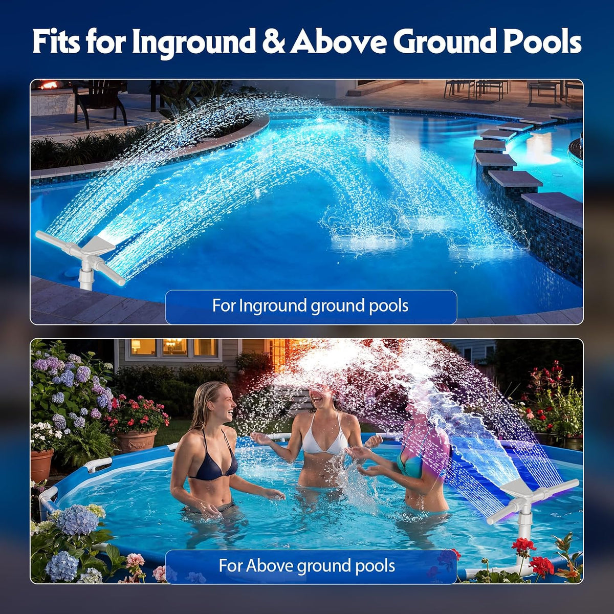 3-in-1 Pool Fountain with Solar 9-Color LED Lights, 360° Adjustable Dual-Head Pool Waterfall Sprinkler, Cooling Spray