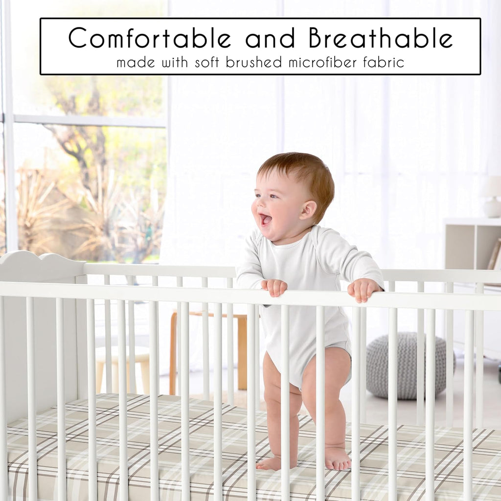 Fitted Baby Crib Sheets (Tan Gingham Plaid) for Boys or Girls, Infant Nursery, Toddler Room - Standard Size (Taupe
