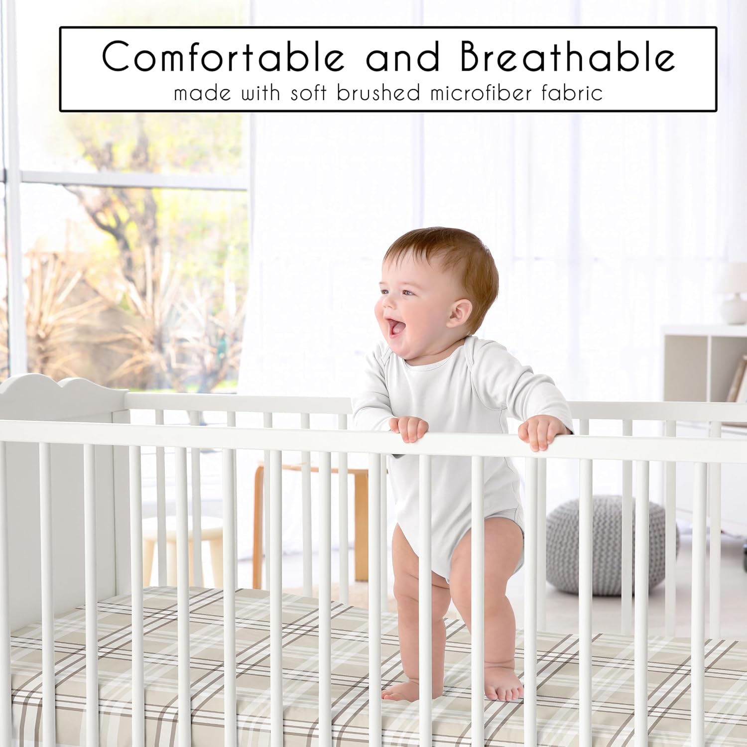 Fitted Baby Crib Sheets (Tan Gingham Plaid) for Boys or Girls, Infant Nursery, Toddler Room - Standard Size (Taupe