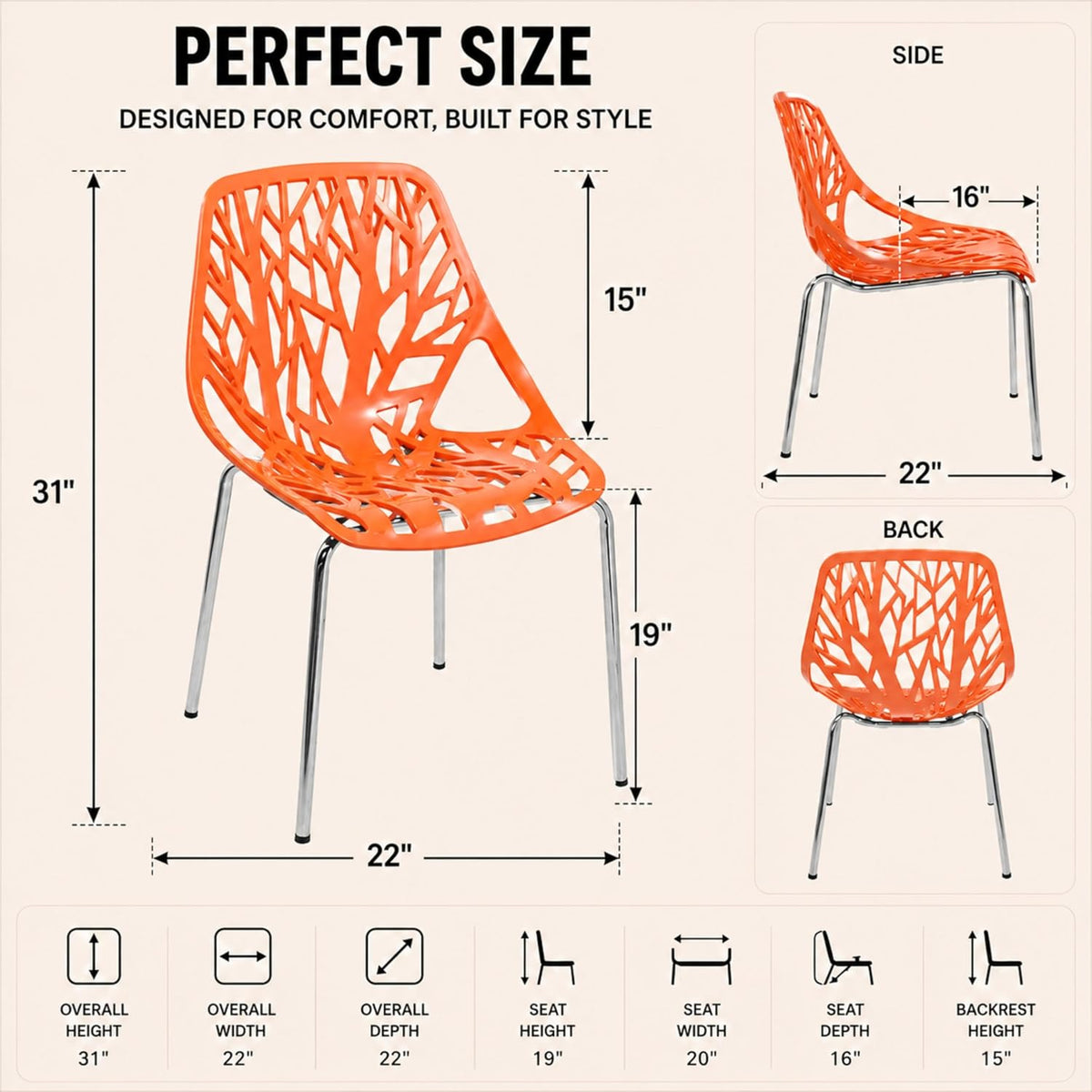 Asbury Modern Dining Chair Orange Color, Polypropylene Seat with Chrome Legs, Comfortable Solid Back Kitchen and