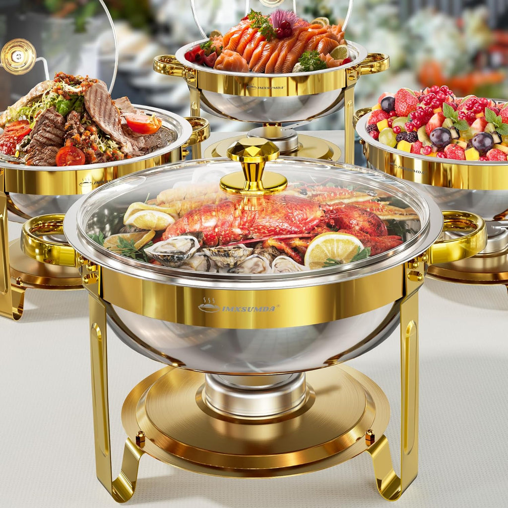 Chafing Dishes for Buffet with Glass Lid & Rolled-Edge 4 Pack 5QT, Gold | Stainless Steel Round Chafing Dish Set
