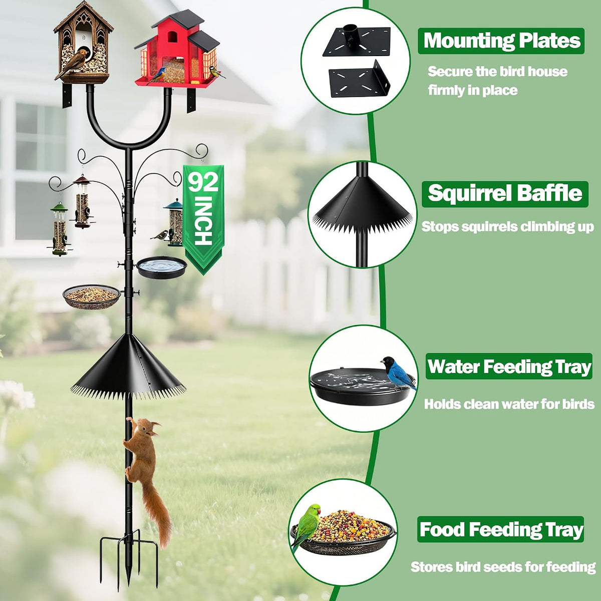 92 Inch Squirrel Proof Bird Feeder Pole, Heavy Duty Bird Feeder Stand, Adjustable Double Shepherds Hooks for Outdoor