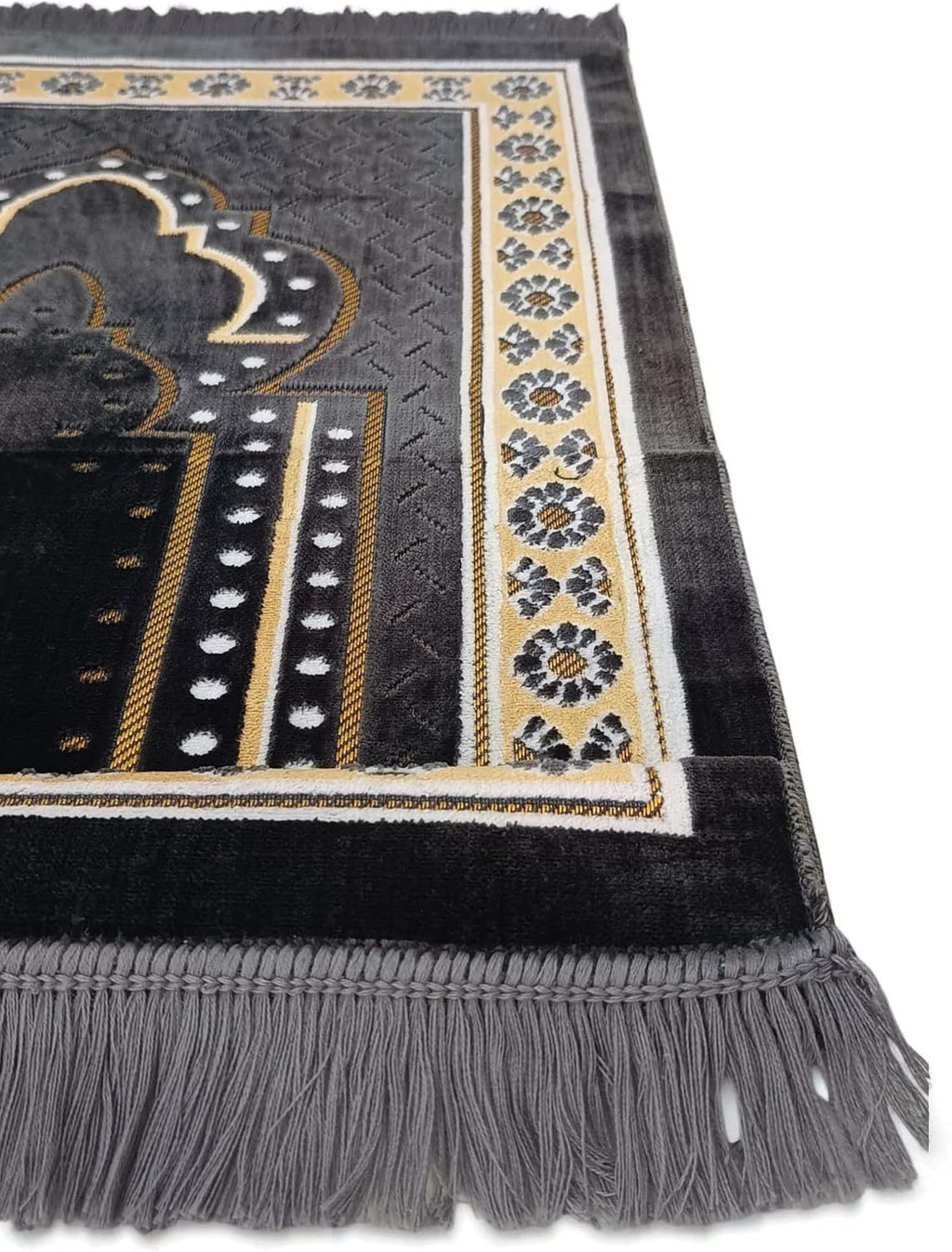 Turkish Muslim Prayer Rug, Mat with Beads for Men Women, Ramadan Hajj Gift (Gray)