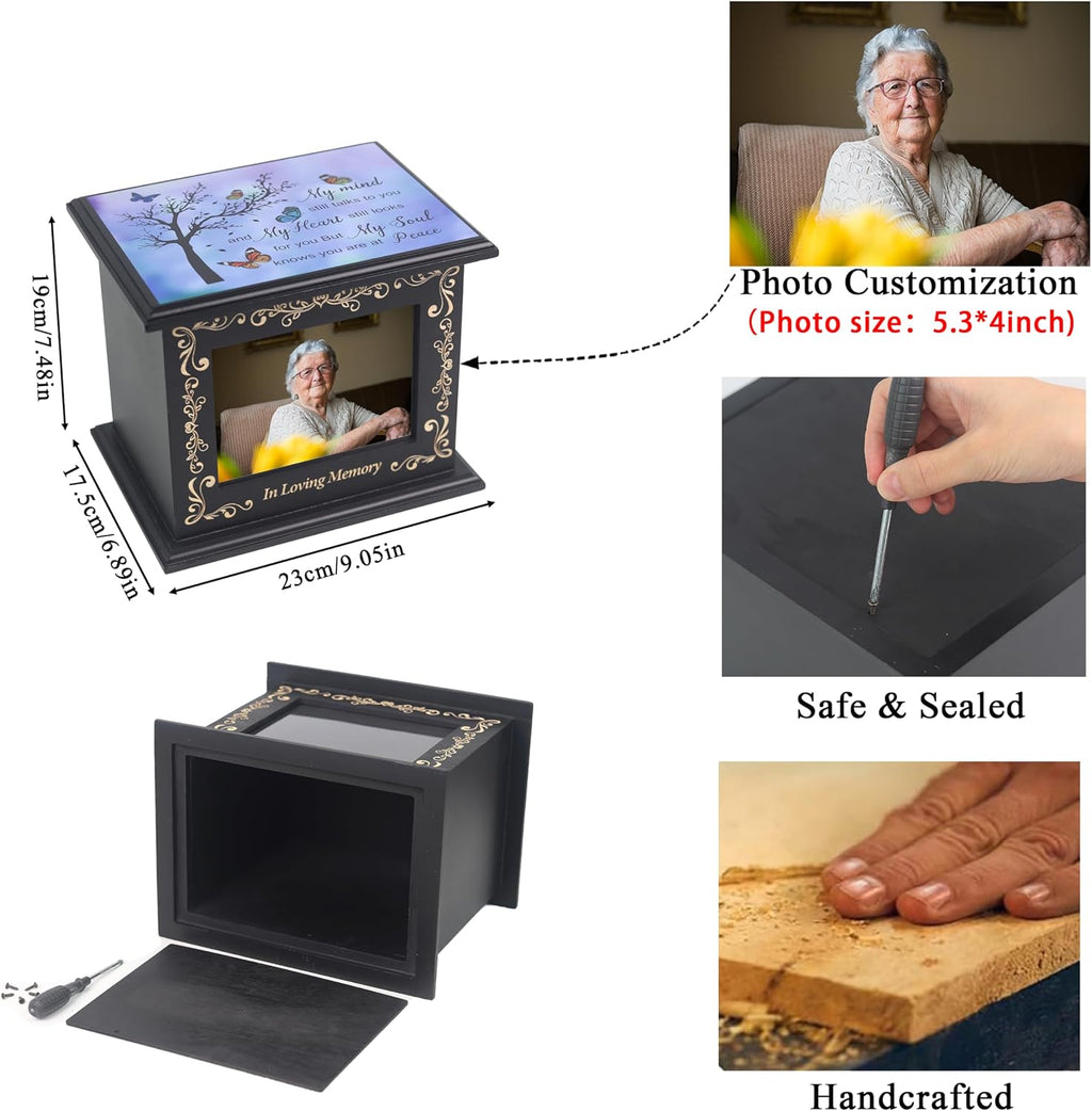 Wooden Urn Box for Ashes Cremation Urns for Human Ashes Adult Male or Female, Memorial Keepsake Urns with Photo