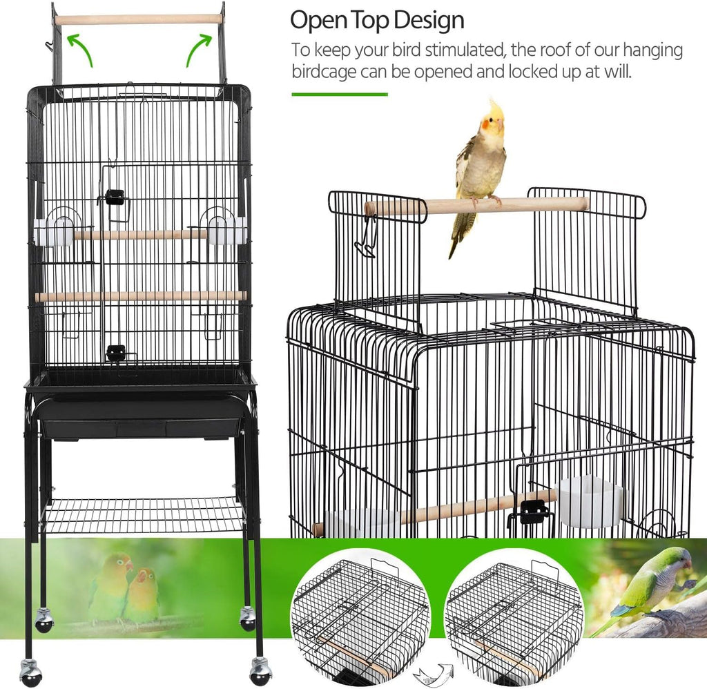 53.5" Open Top Parrot Bird Cage with Detachable Rolling Stand, Roof Play Flight Cage for Cockatiels, Sun Conures