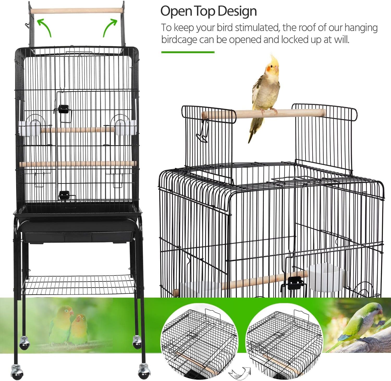 53.5" Open Top Parrot Bird Cage with Detachable Rolling Stand, Roof Play Flight Cage for Cockatiels, Sun Conures