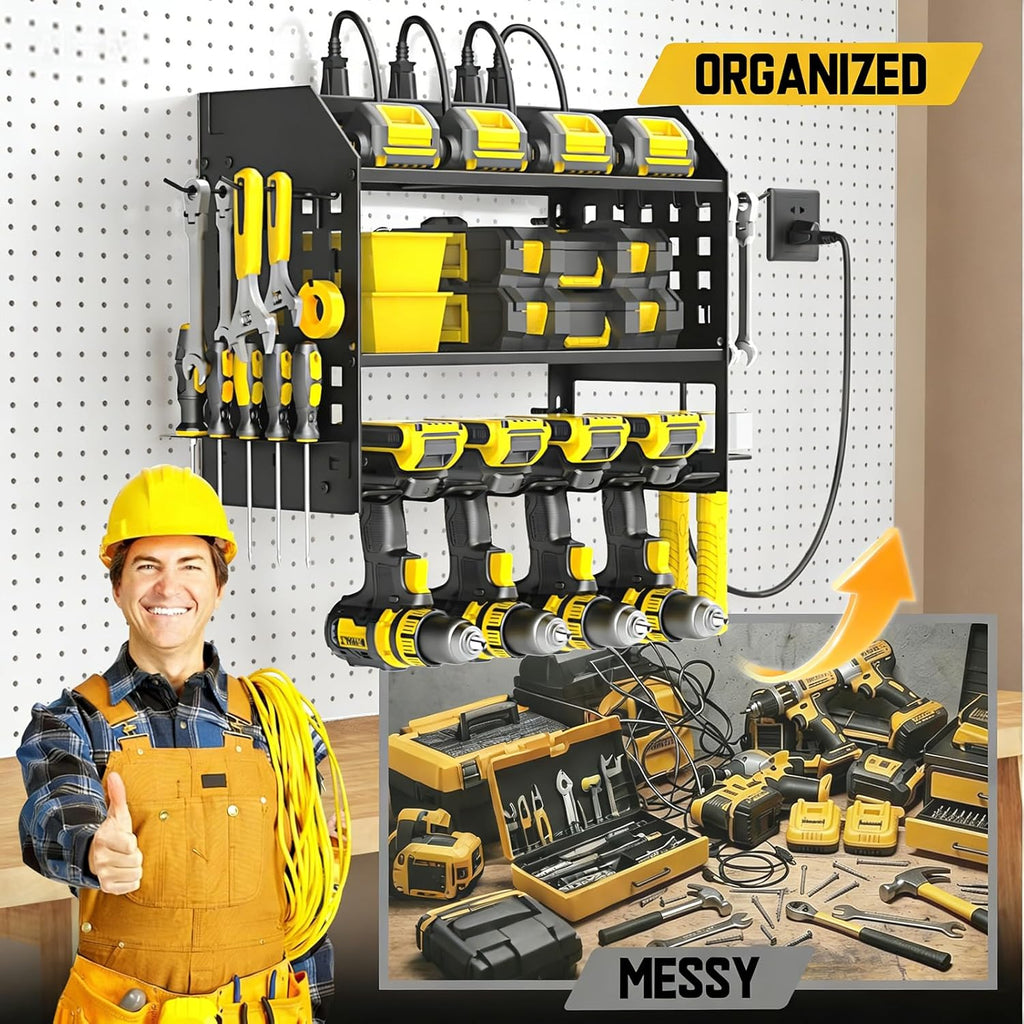 Power Tool Organizer with Charging Station 6 Outlets, 3-Layer Heavy Duty Wall Mount Drill Storage Rack, Cordless Tool