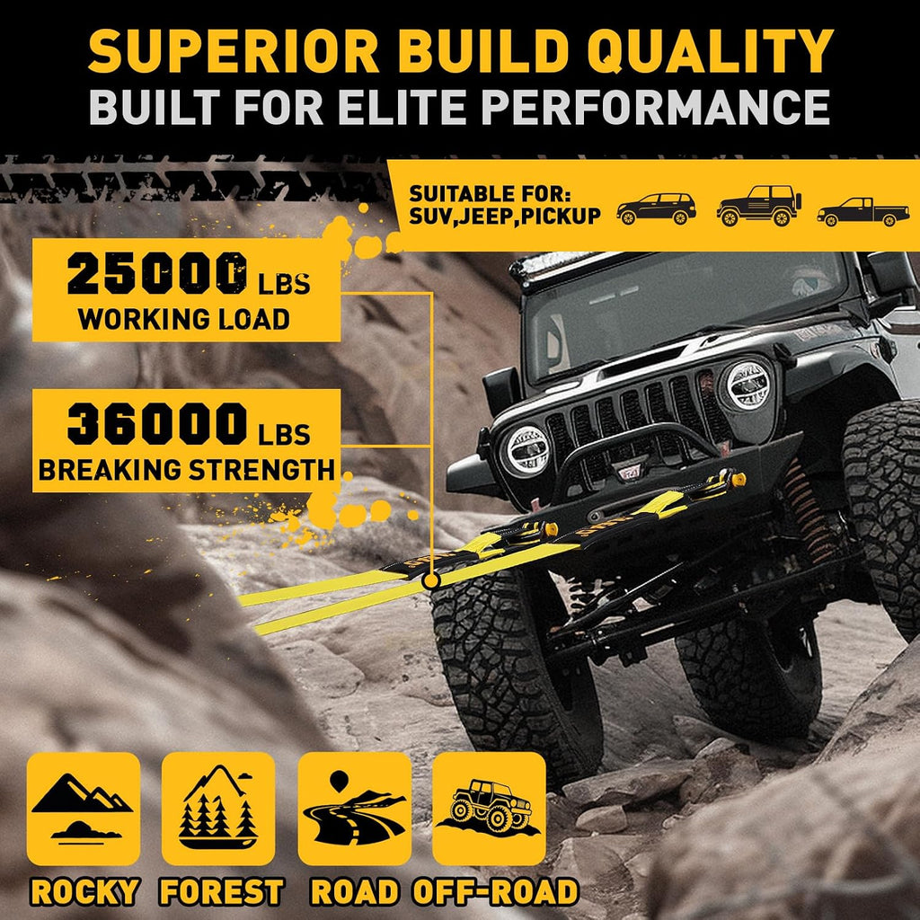 3" x 30Ft Recovery Tow Strap Heavy Duty with Hooks - 36000 LBS Break Strength, 2" Shackle Hitch Receiver + 3/4 D Ring