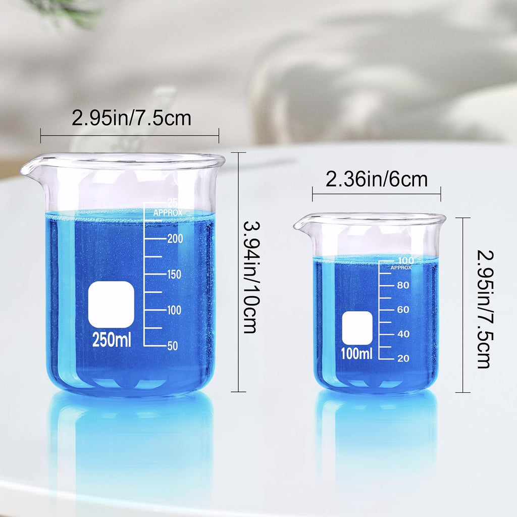 Glass Beakers Set, 5 Sizes - 10ml, 25ml, 50ml, 100ml, 250ml, 3.3 Borosilicate Beaker for Laboratories, Classrooms or