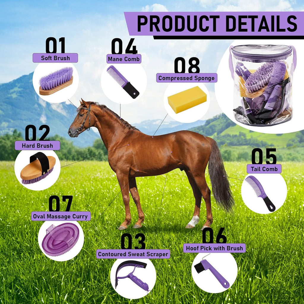 9 Pcs Horse Grooming Kit Tack Room Supplies, Cute, Purple