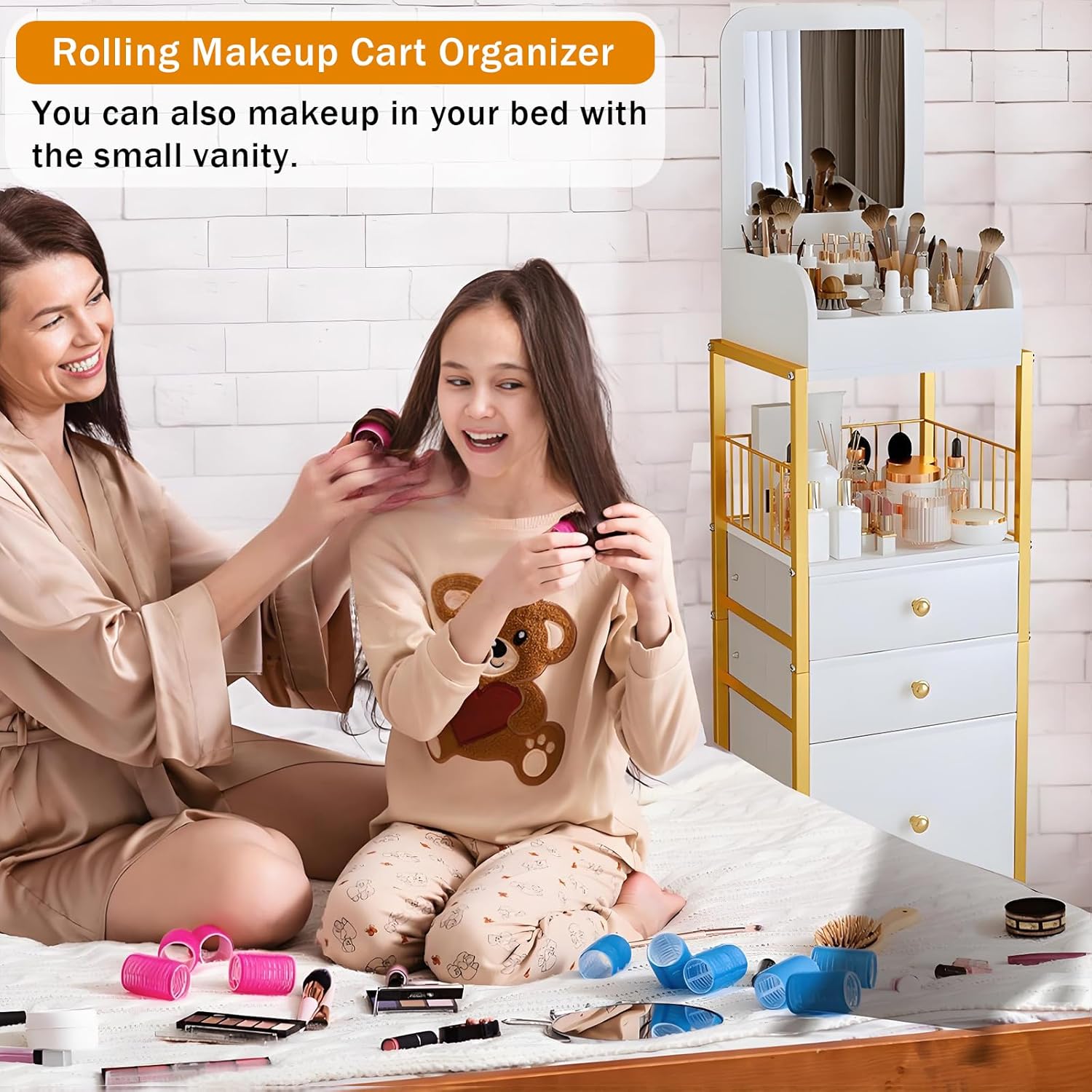 Makeup Cart Organizer with Mirror, Floor Makeup Organizer Large | Make Up Organizers Vanity Cart Cosmetic Display