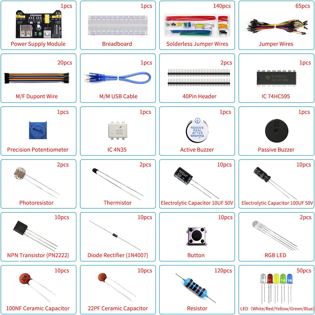 Electronics Component Fun Kit w/Power Supply Module, Jumper Wire, 830 tie-Points Breadboard, Precision