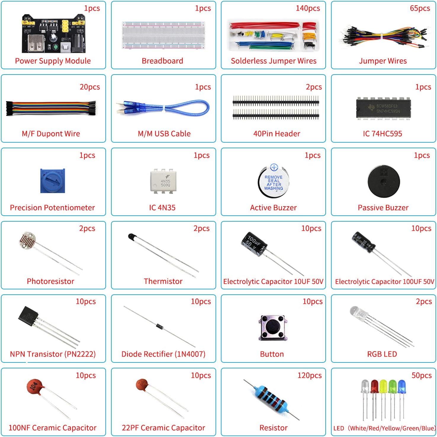 Electronics Component Fun Kit w/Power Supply Module, Jumper Wire, 830 tie-Points Breadboard, Precision