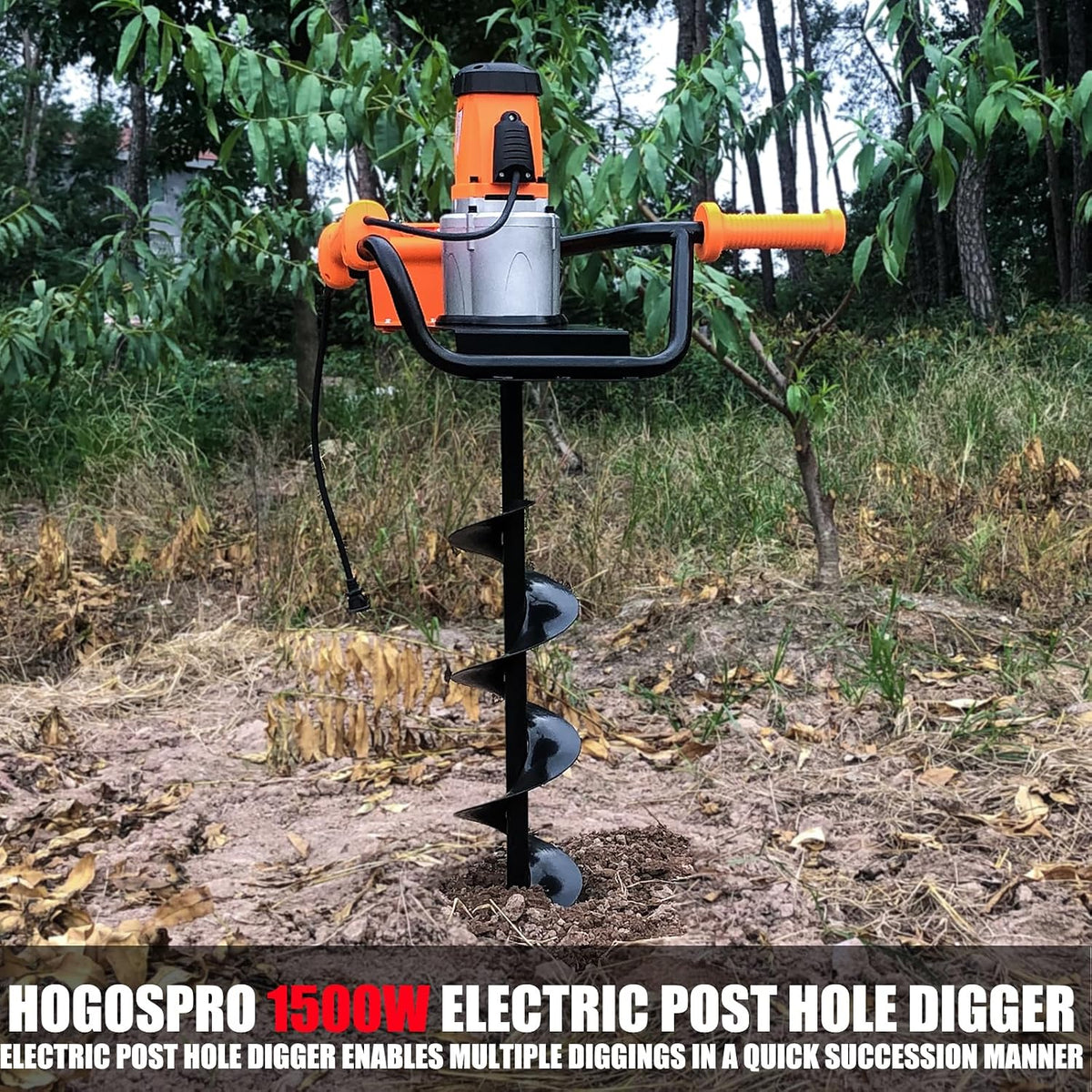 1500W Electric Post Hole Digger 6" & 4" Bits, No Bag, Orange | 110V, 1500W Motor, 200RPM, 90ft-lb, Anti-Vibration