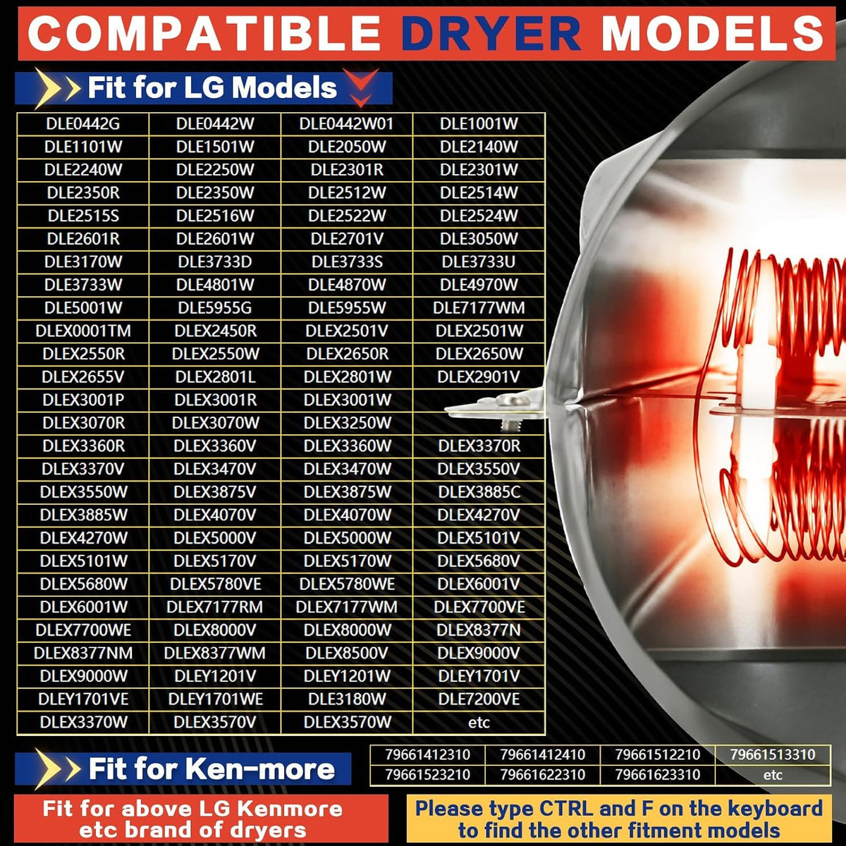 DLE2301W DLE2101W DLE3050W Dryer Heating Element Kit Fit for LG Models DLE2301R DLE7177RM DLE4970W DLE7100W DLE2512W DLE2350W DLEX3250W DLE4870W DLE3777W DLEX7177RM DLEY1701WE DLE1310W & 6931EL3001F
