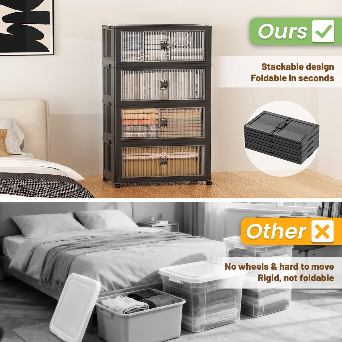 580Qt Stackable Storage Bins,Storage Cabinet with a Lid,4 Pack Black
